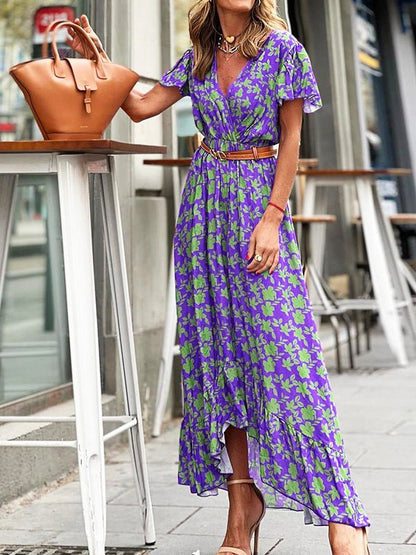 Women's Dresses Printed V-Neck High Waist Ruffle Dress - Maxi Dresses - Instastyled | Online Fashion Free Shipping Clothing, Dresses, Tops, Shoes - 30-40 - 30/05/2022 - color-orange