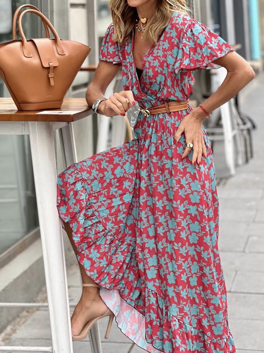 Women's Dresses Printed V-Neck High Waist Ruffle Dress - Maxi Dresses - Instastyled | Online Fashion Free Shipping Clothing, Dresses, Tops, Shoes - 30-40 - 30/05/2022 - color-orange