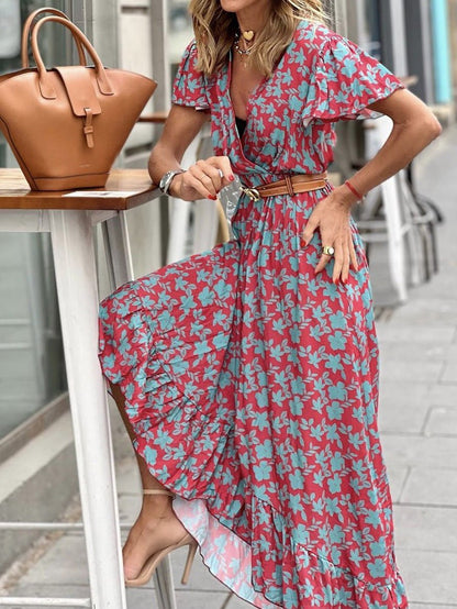 Women's Dresses Printed V-Neck High Waist Ruffle Dress - Maxi Dresses - Instastyled | Online Fashion Free Shipping Clothing, Dresses, Tops, Shoes - 30-40 - 30/05/2022 - color-orange