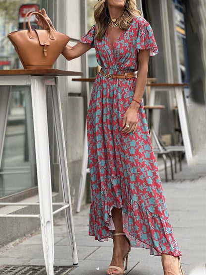 Women's Dresses Printed V-Neck High Waist Ruffle Dress - Maxi Dresses - Instastyled | Online Fashion Free Shipping Clothing, Dresses, Tops, Shoes - 30-40 - 30/05/2022 - color-orange