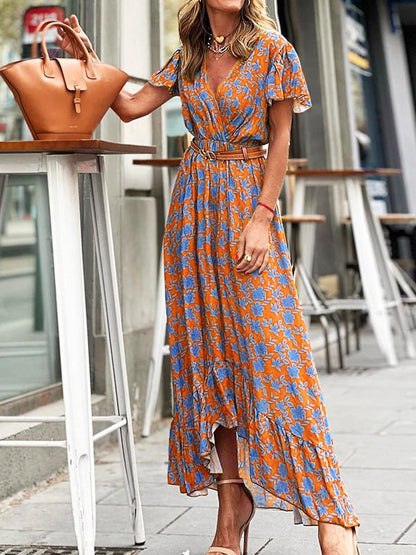 Women's Dresses Printed V-Neck High Waist Ruffle Dress - Maxi Dresses - Instastyled | Online Fashion Free Shipping Clothing, Dresses, Tops, Shoes - 30-40 - 30/05/2022 - color-orange