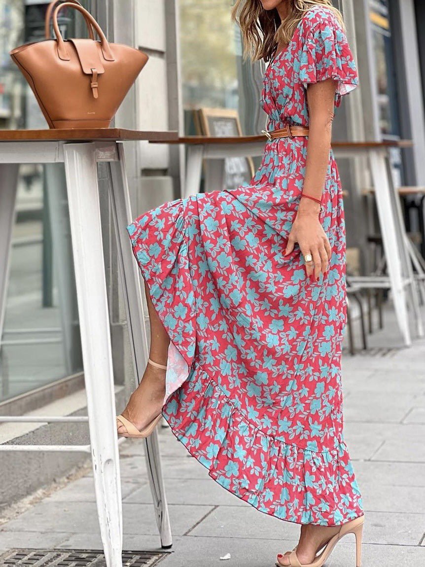 Women's Dresses Printed V-Neck High Waist Ruffle Dress - Maxi Dresses - Instastyled | Online Fashion Free Shipping Clothing, Dresses, Tops, Shoes - 30-40 - 30/05/2022 - color-orange