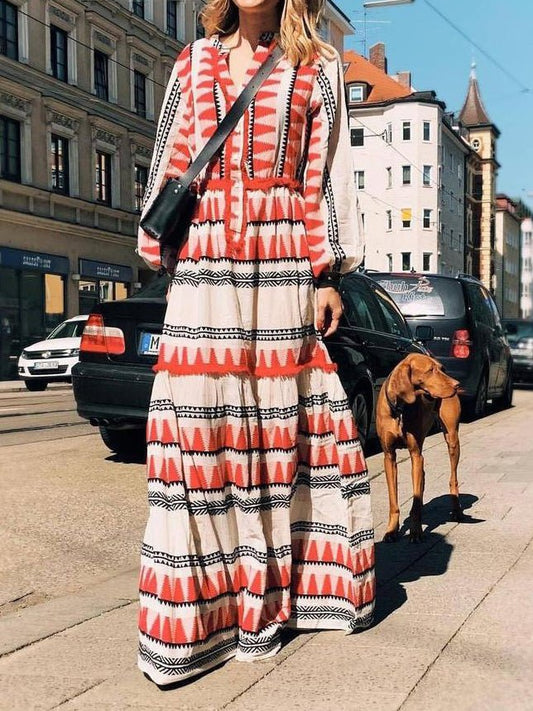 Women's Dresses Printed V-Neck Long Sleeve Maxi Dress - Maxi Dresses - Instastyled | Online Fashion Free Shipping Clothing, Dresses, Tops, Shoes - 25/07/2022 - Color_Red - DRE2207254892