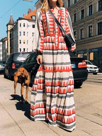 Women's Dresses Printed V-Neck Long Sleeve Maxi Dress - Maxi Dresses - Instastyled | Online Fashion Free Shipping Clothing, Dresses, Tops, Shoes - 25/07/2022 - Color_Red - DRE2207254892