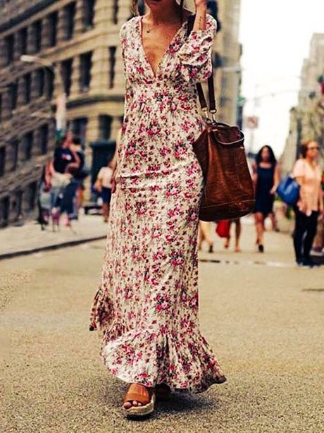 Women's Dresses Printed V-Neck Long Sleeve Ruffle Dress - Maxi Dresses - Instastyled | Online Fashion Free Shipping Clothing, Dresses, Tops, Shoes - 27/08/2022 - 30-40 - color-white