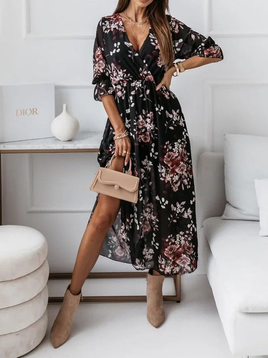 Women's Dresses Printed V-Neck Long Sleeve Slit Chiffon Dress - Maxi Dresses - Instastyled | Online Fashion Free Shipping Clothing, Dresses, Tops, Shoes - 08/09/2022 - Color_Black - Color_Brown