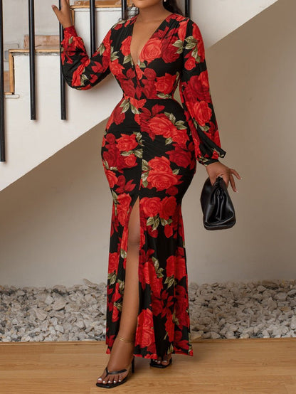 Women's Dresses Printed V-Neck Long Sleeve Slit Dress - Maxi Dresses - Instastyled | Online Fashion Free Shipping Clothing, Dresses, Tops, Shoes - 12/08/2022 - Color_Blue - Color_Brown