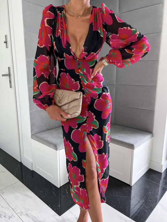 Women's Dresses Printed V-Neck Long Sleeve Slit Dress - Maxi Dresses - Instastyled | Online Fashion Free Shipping Clothing, Dresses, Tops, Shoes - 19/09/2022 - Color_Black - Color_Red