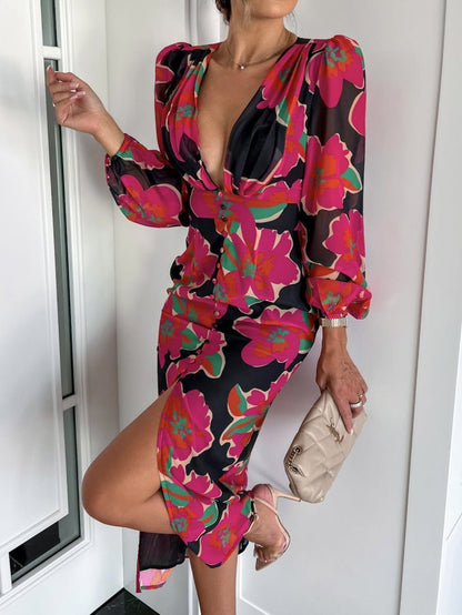 Women's Dresses Printed V-Neck Long Sleeve Slit Dress - Maxi Dresses - Instastyled | Online Fashion Free Shipping Clothing, Dresses, Tops, Shoes - 19/09/2022 - Color_Black - Color_Red