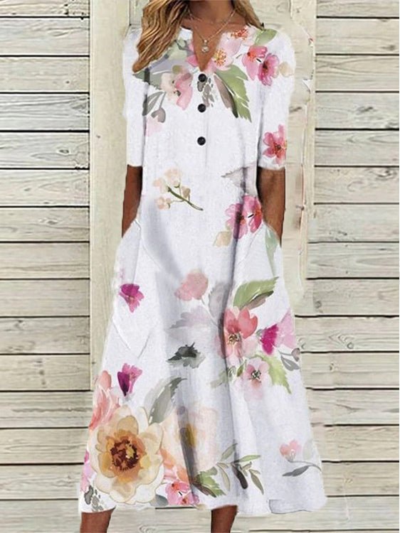 Women's Dresses Printed V-Neck Mid Sleeve Pocket Dress - Maxi Dresses - Instastyled | Online Fashion Free Shipping Clothing, Dresses, Tops, Shoes - 18/05/2022 - 30-40 - Casual Dresses