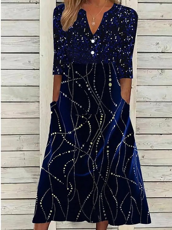 Women's Dresses Printed V-Neck Mid Sleeve Pocket Dress - Maxi Dresses - Instastyled | Online Fashion Free Shipping Clothing, Dresses, Tops, Shoes - 18/05/2022 - 30-40 - Casual Dresses