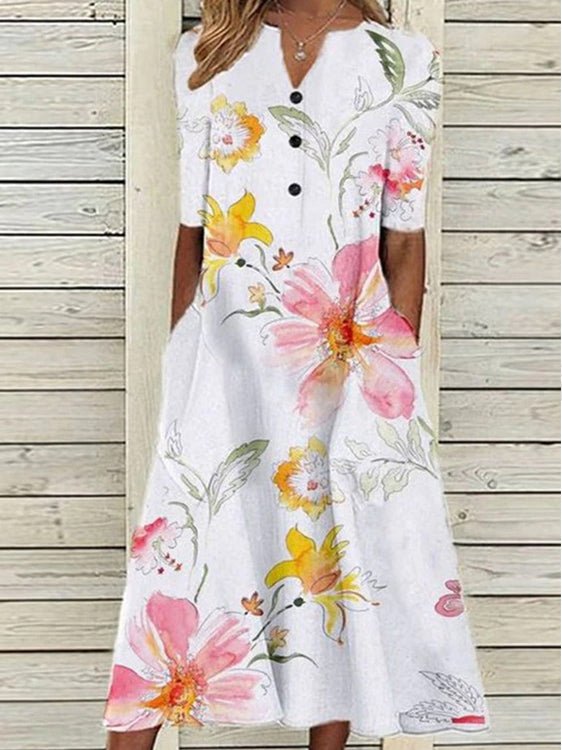 Women's Dresses Printed V-Neck Mid Sleeve Pocket Dress - Maxi Dresses - Instastyled | Online Fashion Free Shipping Clothing, Dresses, Tops, Shoes - 18/05/2022 - 30-40 - Casual Dresses