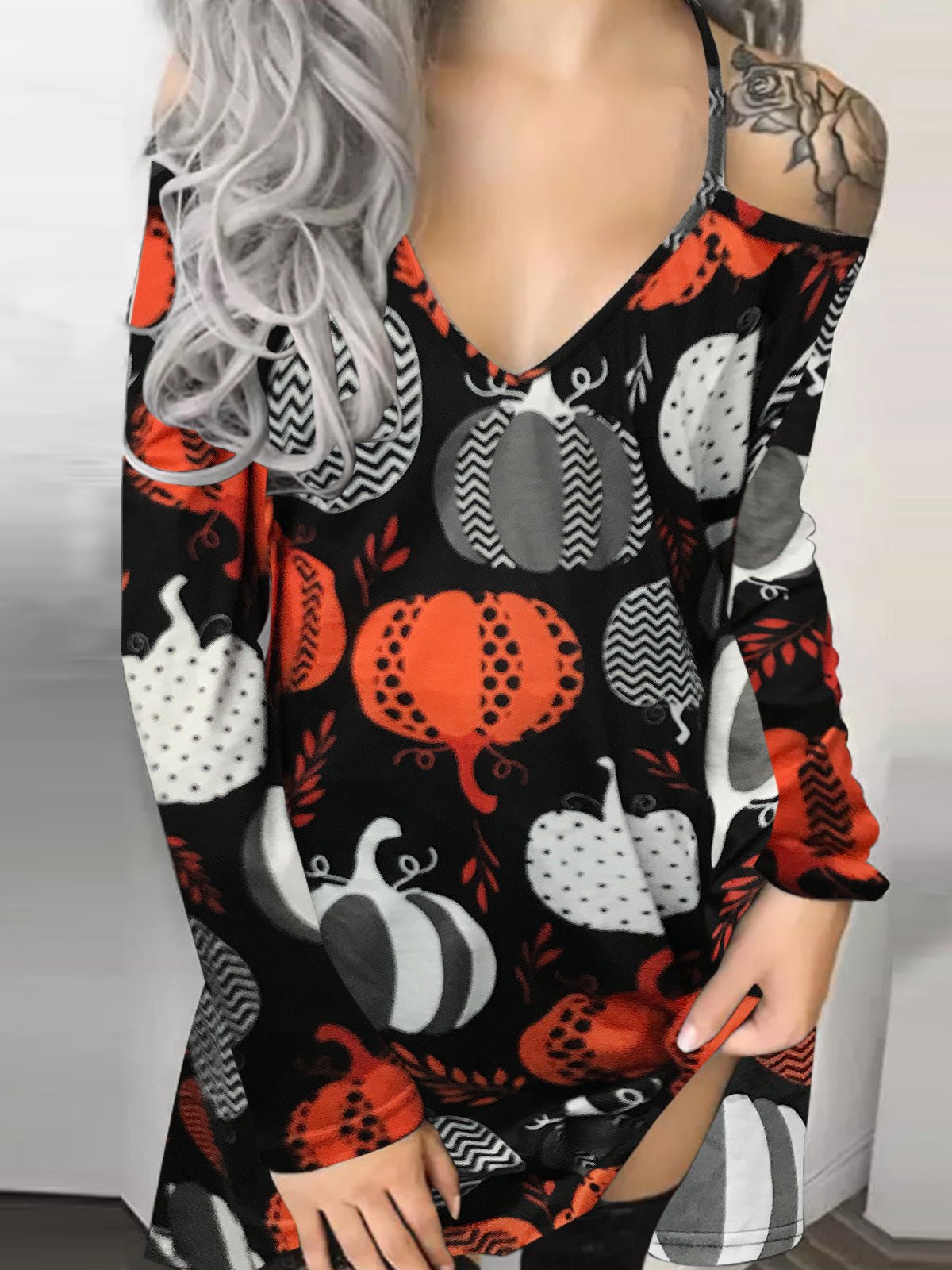 Women's Dresses Printed V-Neck Off-Shoulder Long Sleeve Dress - Mini Dresses - Instastyled | Online Fashion Free Shipping Clothing, Dresses, Tops, Shoes - 01/09/2022 - Casual Dresses - Color_Black