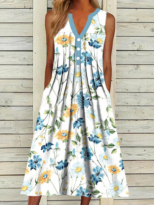 Women's Dresses Printed V-Neck Pocket Sleeveless Dress - Maxi Dresses - Instastyled | Online Fashion Free Shipping Clothing, Dresses, Tops, Shoes - 07/06/2022 - Color_Blue - Color_White