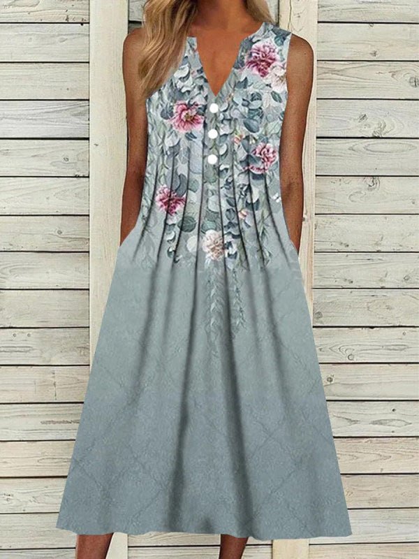 Women's Dresses Printed V-Neck Pocket Sleeveless Dress - Maxi Dresses - Instastyled | Online Fashion Free Shipping Clothing, Dresses, Tops, Shoes - 07/06/2022 - Color_Blue - Color_White