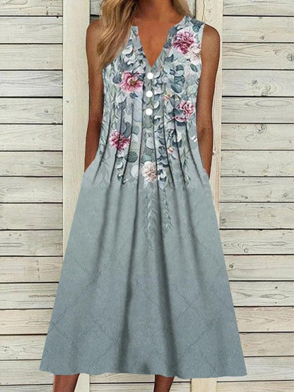 Women's Dresses Printed V-Neck Pocket Sleeveless Dress - Maxi Dresses - Instastyled | Online Fashion Free Shipping Clothing, Dresses, Tops, Shoes - 07/06/2022 - Color_Blue - Color_White