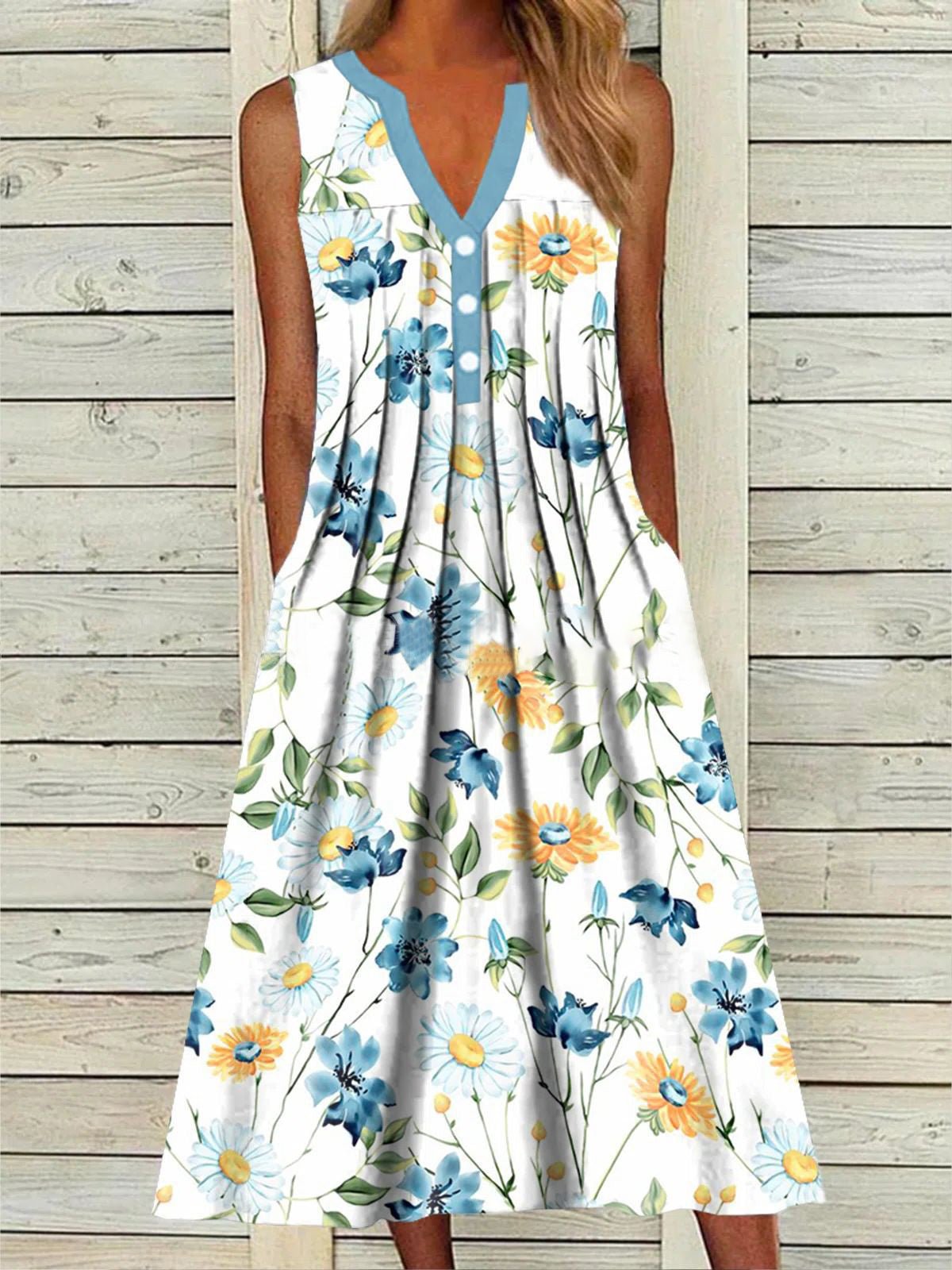 Women's Dresses Printed V-Neck Pocket Sleeveless Dress - Maxi Dresses - Instastyled | Online Fashion Free Shipping Clothing, Dresses, Tops, Shoes - 07/06/2022 - Color_Blue - Color_White