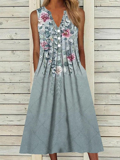 Women's Dresses Printed V-Neck Pocket Sleeveless Dress - Maxi Dresses - Instastyled | Online Fashion Free Shipping Clothing, Dresses, Tops, Shoes - 07/06/2022 - Color_Blue - Color_White