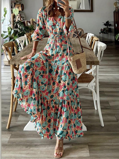 Women's Dresses Printed V-Neck Ruffle Long Sleeve Dress - Maxi Dresses - Instastyled | Online Fashion Free Shipping Clothing, Dresses, Tops, Shoes - 07/05/2022 - 40-50 - color-red_blue