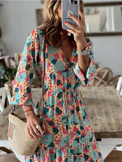 Women's Dresses Printed V-Neck Ruffle Long Sleeve Dress - Maxi Dresses - Instastyled | Online Fashion Free Shipping Clothing, Dresses, Tops, Shoes - 07/05/2022 - 40-50 - color-red_blue