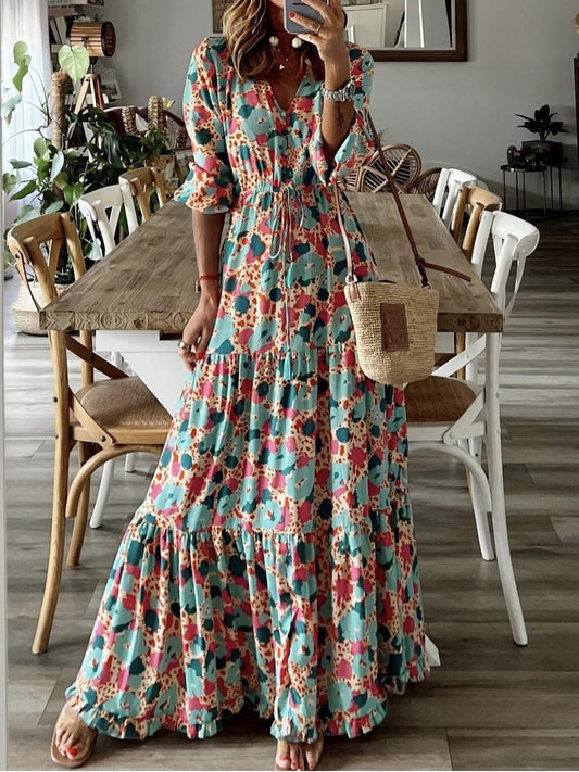 Women's Dresses Printed V-Neck Ruffle Long Sleeve Dress - Maxi Dresses - Instastyled | Online Fashion Free Shipping Clothing, Dresses, Tops, Shoes - 07/05/2022 - 40-50 - color-red_blue