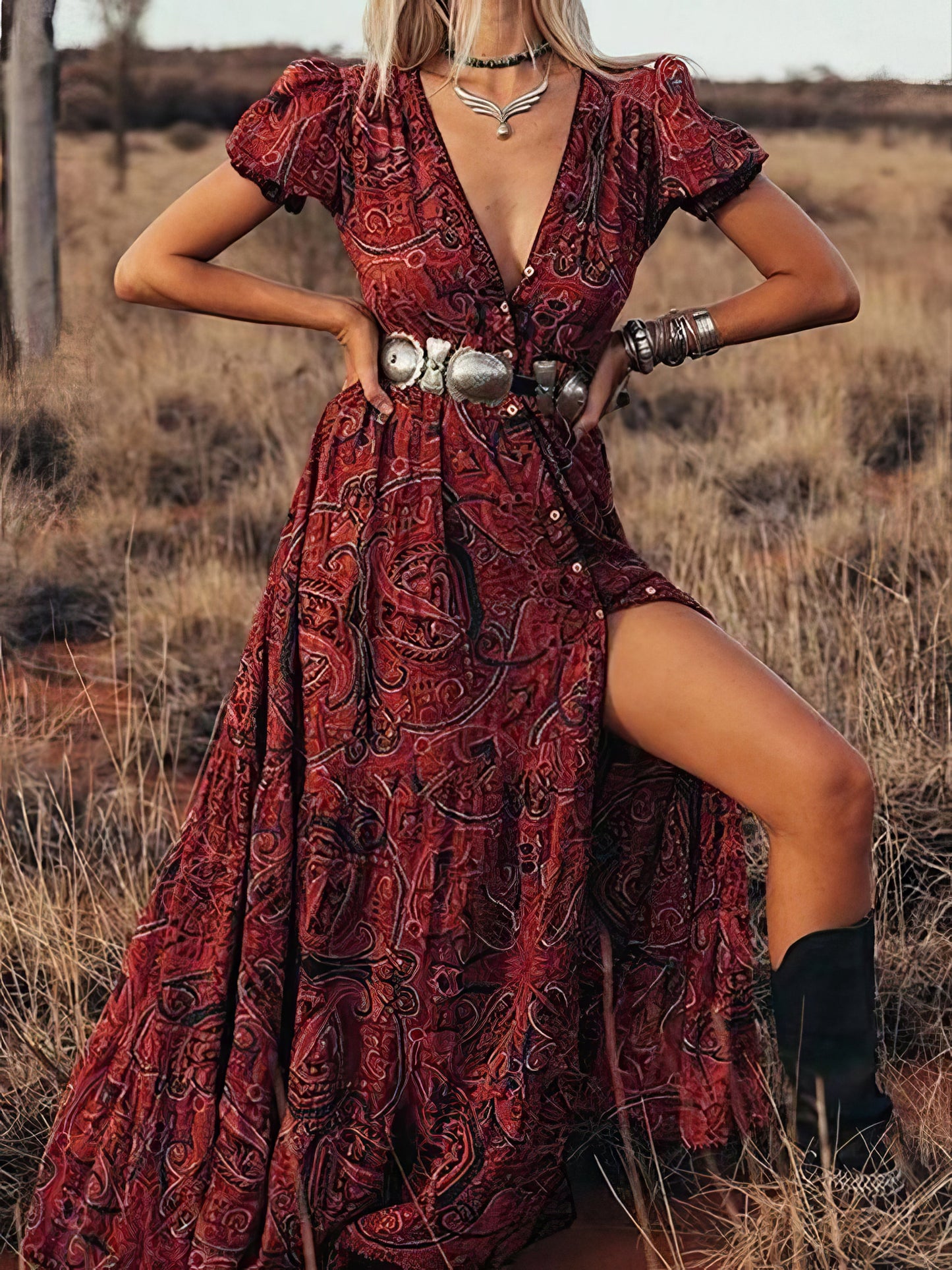 Maxi Dresses - Printed V-Neck Short Sleeve Bohemian Dress - MsDressly
