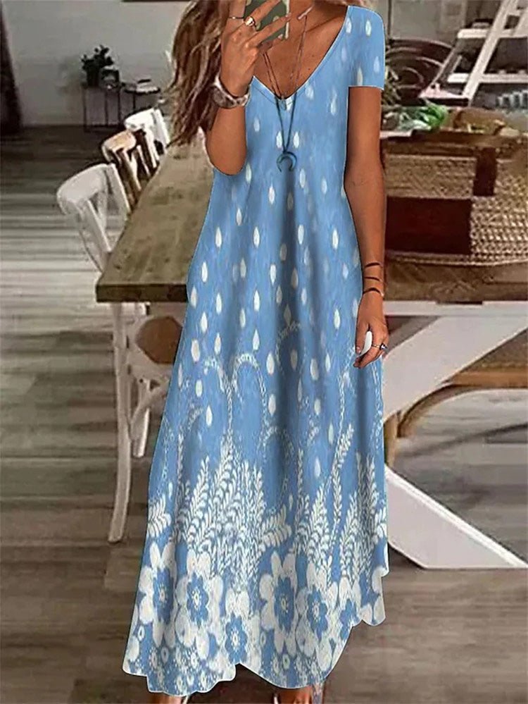 Women's Dresses Printed V-Neck Short Sleeve Dress - Maxi Dresses - Instastyled | Online Fashion Free Shipping Clothing, Dresses, Tops, Shoes - 02/06/2022 - 30-40 - color-blue