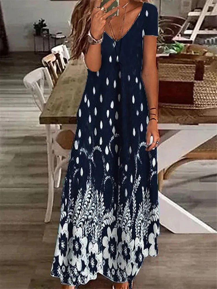 Women's Dresses Printed V-Neck Short Sleeve Dress - Maxi Dresses - Instastyled | Online Fashion Free Shipping Clothing, Dresses, Tops, Shoes - 02/06/2022 - 30-40 - color-blue