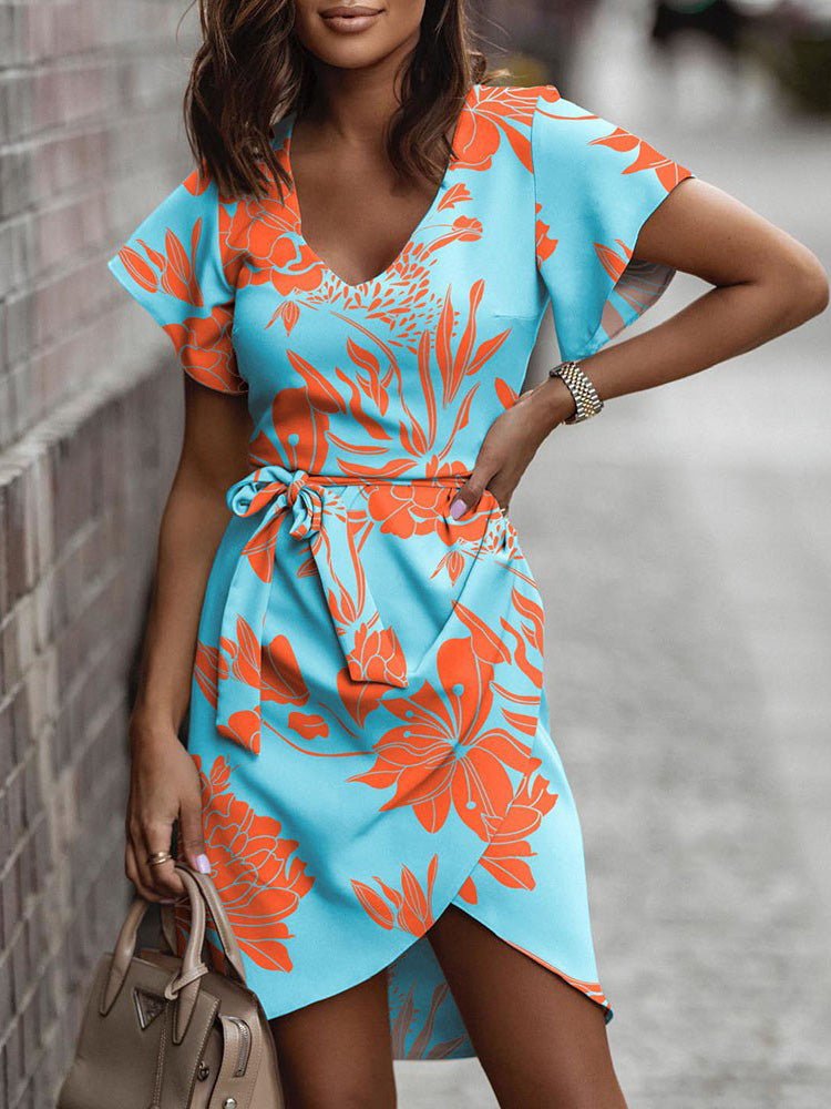 Women's Dresses Printed V-Neck Short Sleeve Lace-Up Dress - Mini Dresses - Instastyled | Online Fashion Free Shipping Clothing, Dresses, Tops, Shoes - 09/08/2022 - Color_Blue - Color_Green