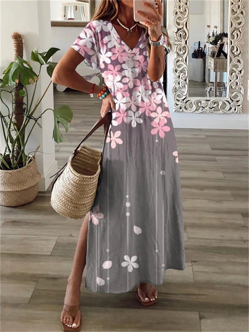 Women's Dresses Printed V-Neck Short Sleeve Slit Dress - Maxi Dresses - Instastyled | Online Fashion Free Shipping Clothing, Dresses, Tops, Shoes - 25/05/2022 - 30-40 - Casual Dresses