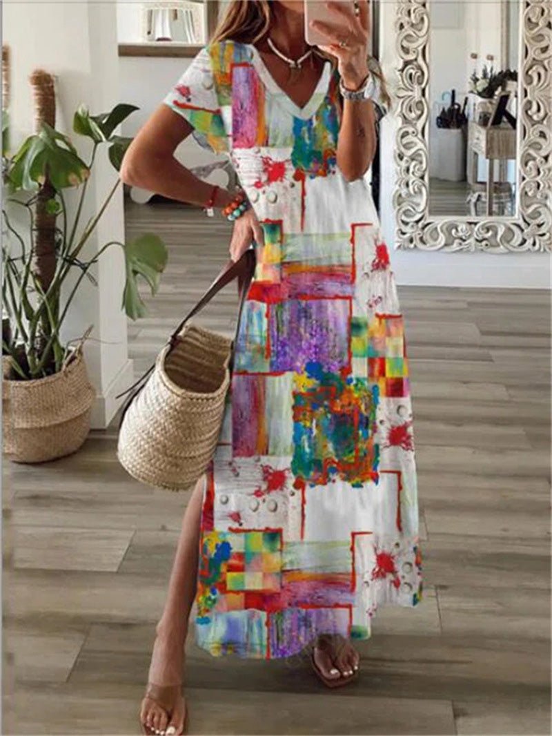 Women's Dresses Printed V-Neck Short Sleeve Slit Dress - Maxi Dresses - Instastyled | Online Fashion Free Shipping Clothing, Dresses, Tops, Shoes - 25/05/2022 - 30-40 - Casual Dresses