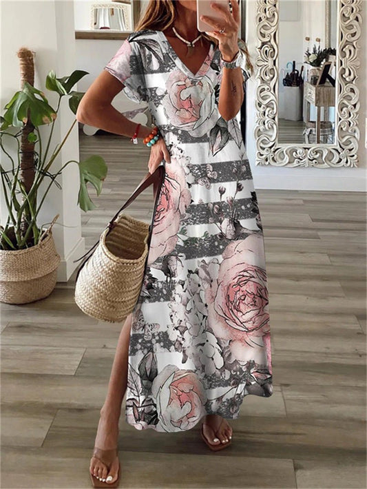 Women's Dresses Printed V-Neck Short Sleeve Slit Dress - Maxi Dresses - Instastyled | Online Fashion Free Shipping Clothing, Dresses, Tops, Shoes - 25/05/2022 - 30-40 - Casual Dresses