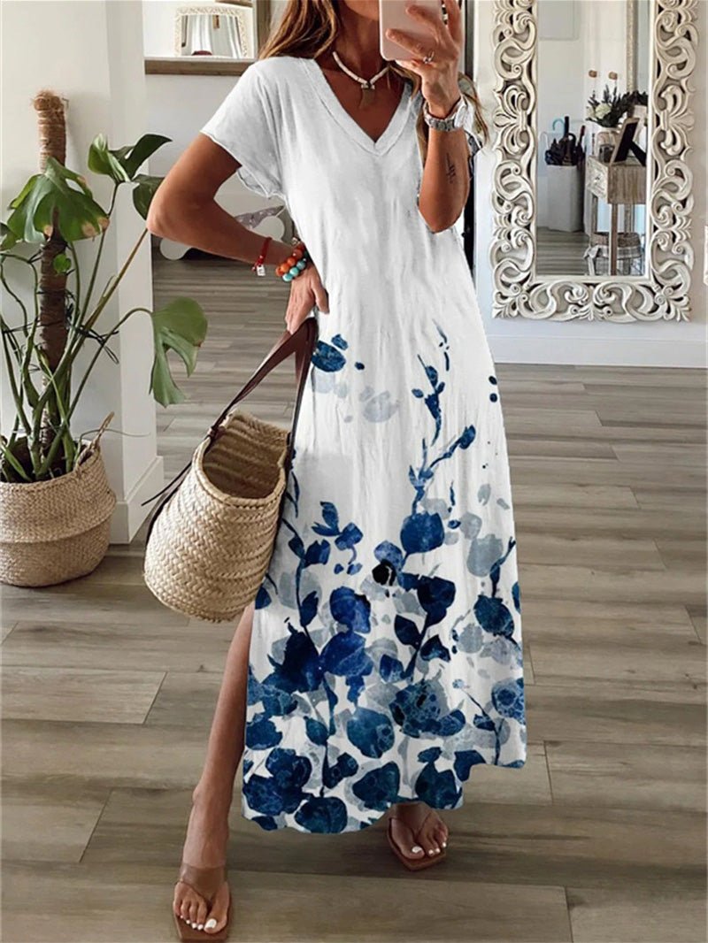 Women's Dresses Printed V-Neck Short Sleeve Slit Dress - Maxi Dresses - Instastyled | Online Fashion Free Shipping Clothing, Dresses, Tops, Shoes - 25/05/2022 - 30-40 - Casual Dresses