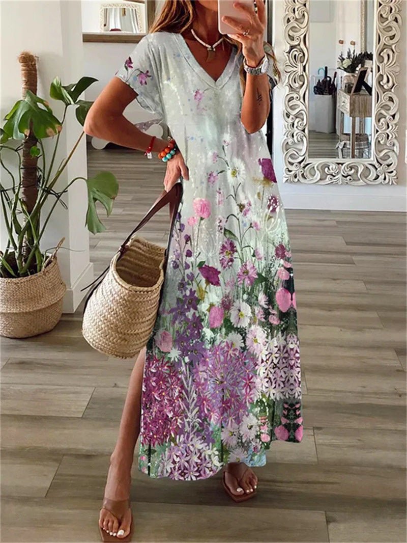 Women's Dresses Printed V-Neck Short Sleeve Slit Dress - Maxi Dresses - Instastyled | Online Fashion Free Shipping Clothing, Dresses, Tops, Shoes - 25/05/2022 - 30-40 - Casual Dresses