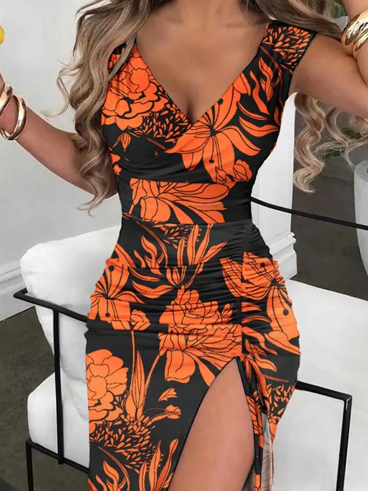 Women's Dresses Printed V-Neck Sleeveless Slit Dress - Midi Dresses - Instastyled | Online Fashion Free Shipping Clothing, Dresses, Tops, Shoes - 24/06/2022 - Color_Black - Color_Blue