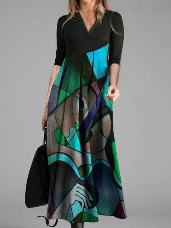 Maxi Dresses - Printed V-Neck Three-Quarter Sleeve Dress - MsDressly