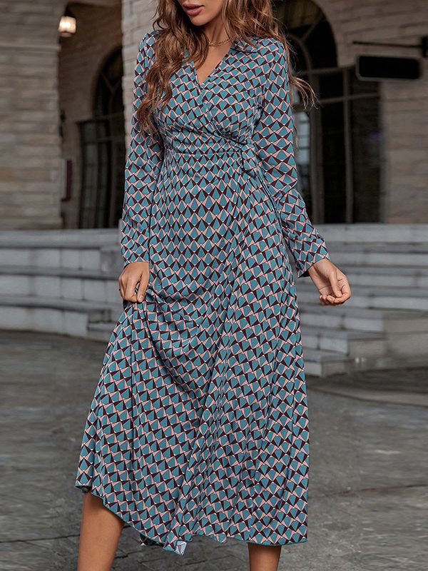 Women's Dresses Printed V-Neck Tie Long Sleeve Dress - Maxi Dresses - Instastyled | Online Fashion Free Shipping Clothing, Dresses, Tops, Shoes - 13/08/2022 - Color_Multicolor - DRE2208135127