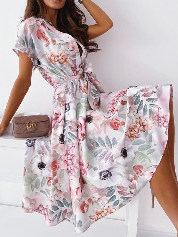 Women's Dresses Printed V-Neck Tie Shirt Dress - Midi Dresses - Instastyled | Online Fashion Free Shipping Clothing, Dresses, Tops, Shoes - 29/07/2022 - 30-40 - color-black