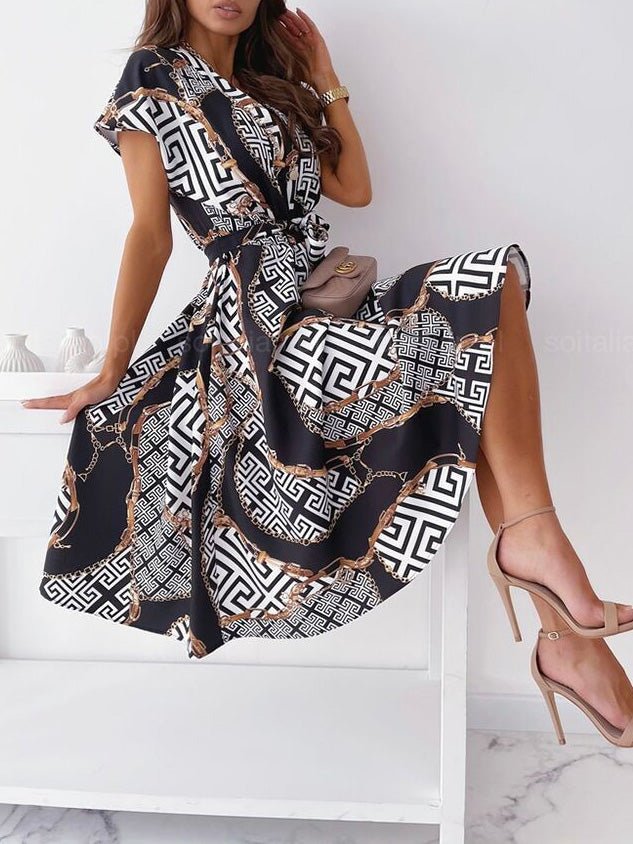 Women's Dresses Printed V-Neck Tie Shirt Dress - Midi Dresses - Instastyled | Online Fashion Free Shipping Clothing, Dresses, Tops, Shoes - 29/07/2022 - 30-40 - color-black