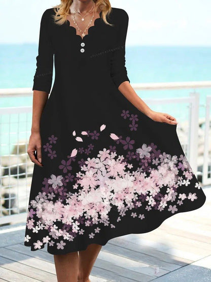 Women's Dresses Printed Wavy Neck Long Sleeve Dress - Midi Dresses - Instastyled | Online Fashion Free Shipping Clothing, Dresses, Tops, Shoes - 04/08/2022 - Casual Dresses - Color_Black