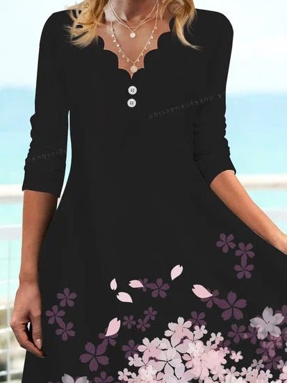 Women's Dresses Printed Wavy Neck Long Sleeve Dress - Midi Dresses - Instastyled | Online Fashion Free Shipping Clothing, Dresses, Tops, Shoes - 04/08/2022 - Casual Dresses - Color_Black