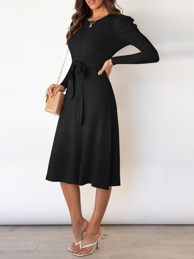 Women's Dresses Puff Long Sleeve Belted Knit Dress - Midi Dresses - INS | Online Fashion Free Shipping Clothing, Dresses, Tops, Shoes - 16/11/2021 - 40-50 - color-apricot