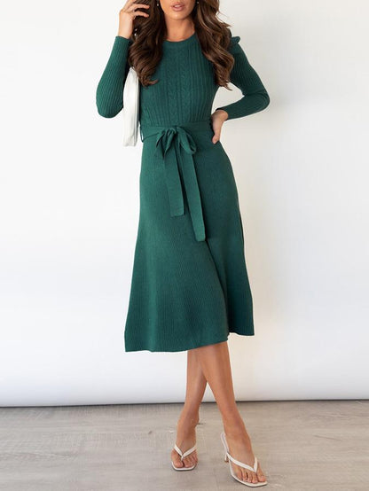 Women's Dresses Puff Long Sleeve Belted Knit Dress - Midi Dresses - INS | Online Fashion Free Shipping Clothing, Dresses, Tops, Shoes - 16/11/2021 - 40-50 - color-apricot