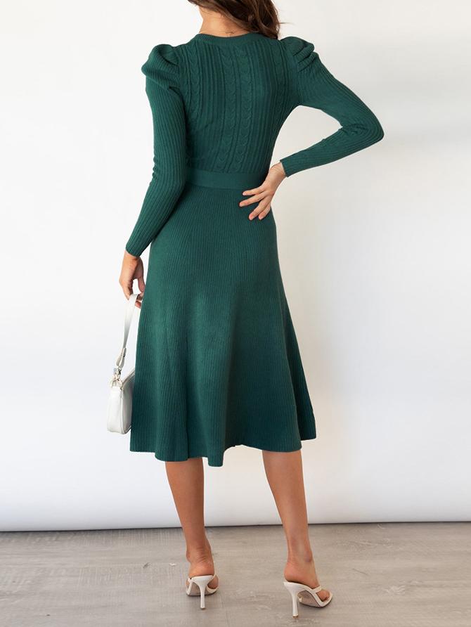 Women's Dresses Puff Long Sleeve Belted Knit Dress - Midi Dresses - INS | Online Fashion Free Shipping Clothing, Dresses, Tops, Shoes - 16/11/2021 - 40-50 - color-apricot