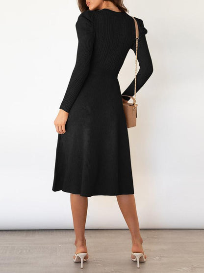 Women's Dresses Puff Long Sleeve Belted Knit Dress - Midi Dresses - INS | Online Fashion Free Shipping Clothing, Dresses, Tops, Shoes - 16/11/2021 - 40-50 - color-apricot