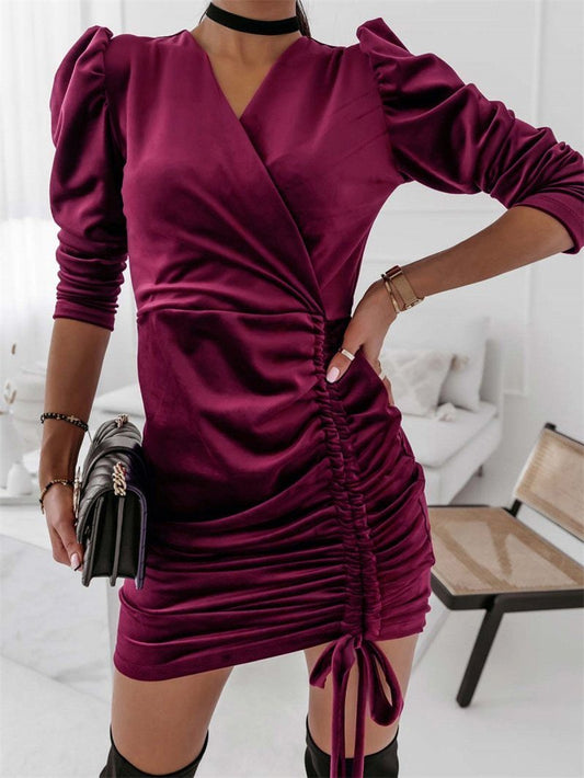 Women's Dresses Puff Sleeve V-Neck Drawstring Dress - Mini Dresses - INS | Online Fashion Free Shipping Clothing, Dresses, Tops, Shoes - 01/09/2021 - 20-30 - Category_Mini Dresses