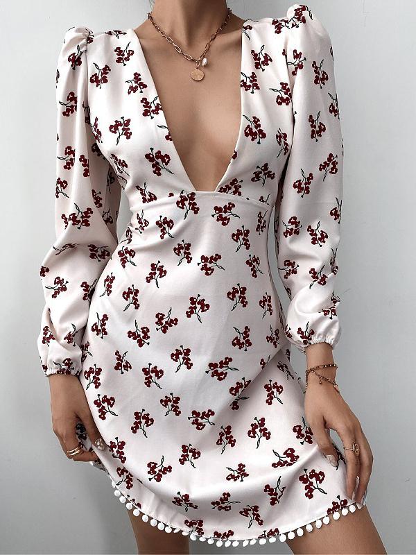 Women's Dresses Puff Sleeve V-Neck Floral Long Sleeve Dress - Mini Dresses - INS | Online Fashion Free Shipping Clothing, Dresses, Tops, Shoes - 15/11/2021 - Color_White - DRE2111152889