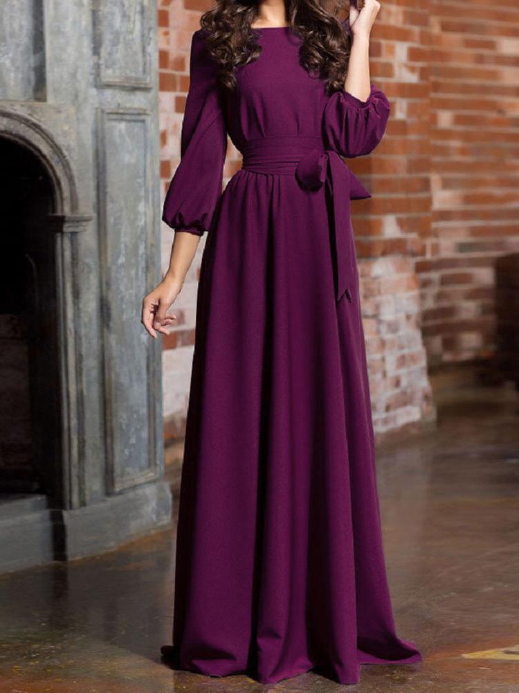 Women's Dresses Pure Round Neck Belted Lantern Long Sleeve Dress - Maxi Dresses - Instastyled | Online Fashion Free Shipping Clothing, Dresses, Tops, Shoes - 13/12/2021 - 30-40 - color-black