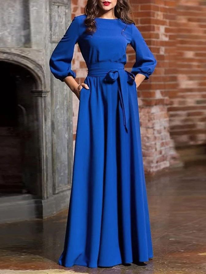 Women's Dresses Pure Round Neck Belted Lantern Long Sleeve Dress - Maxi Dresses - Instastyled | Online Fashion Free Shipping Clothing, Dresses, Tops, Shoes - 13/12/2021 - 30-40 - color-black