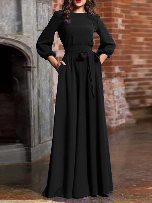 Women's Dresses Pure Round Neck Belted Lantern Long Sleeve Dress - Maxi Dresses - Instastyled | Online Fashion Free Shipping Clothing, Dresses, Tops, Shoes - 13/12/2021 - 30-40 - color-black